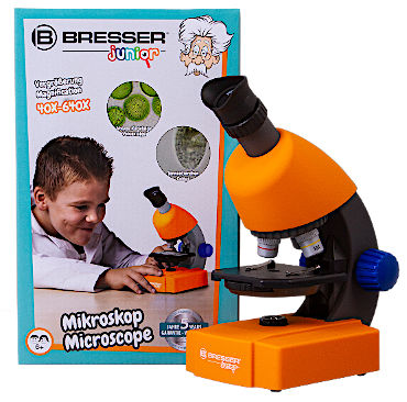 Микроскоп Bresser Junior 40–640x, оранжевый, набор для исследований, упаковка
